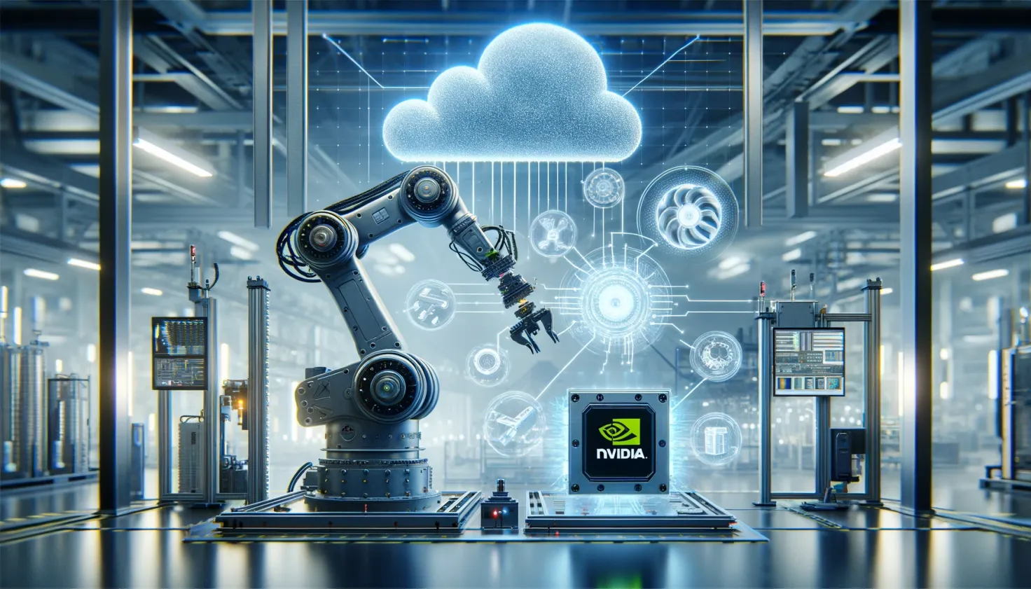 industrial robot arm, cloud computing symbols, Isaac Sim logo, NVIDIA L40S GPU