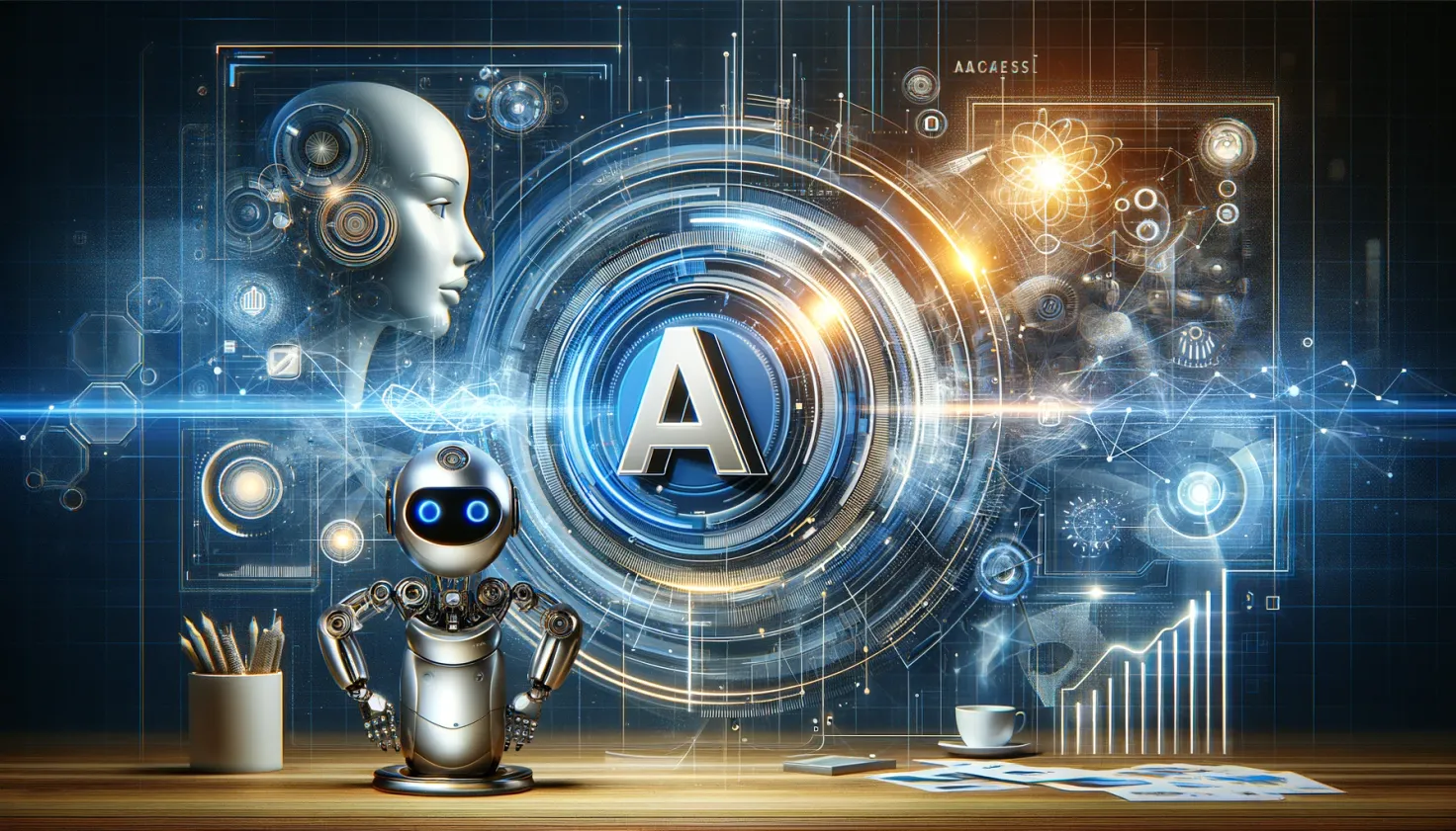 Amazon logo, AI chatbot illustration, business productivity theme