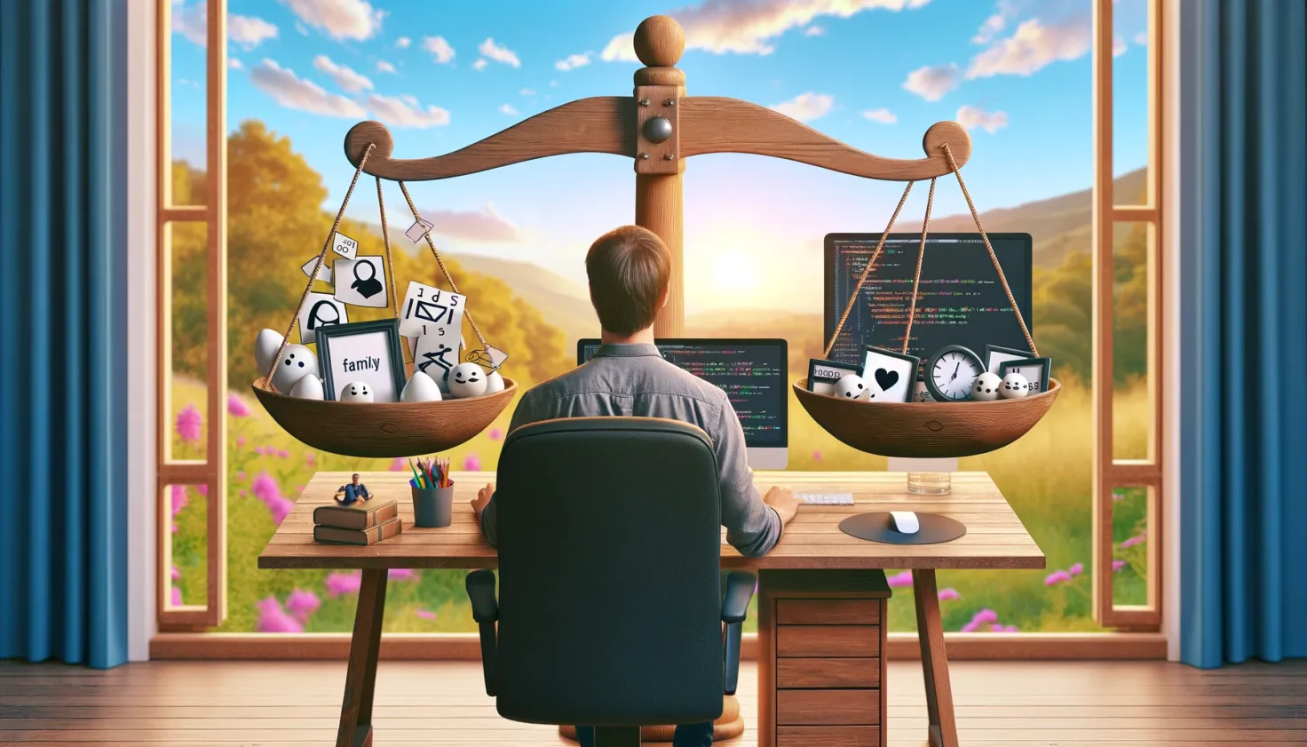 software developer at desk, balancing scales, family time, nature backdrop