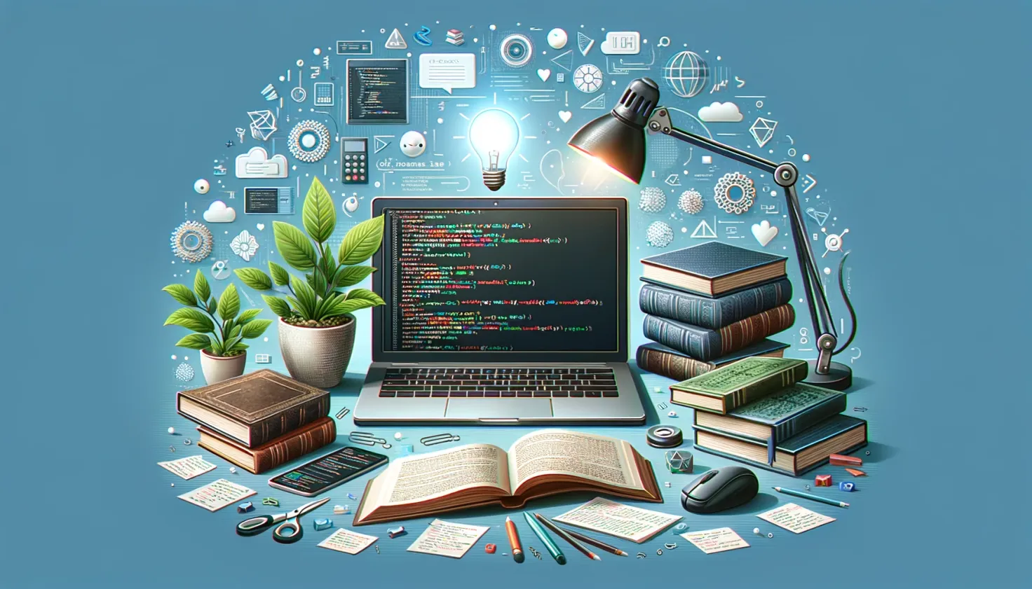 laptop with code on screen, books on software development, plant growing, light bulb symbolizing idea