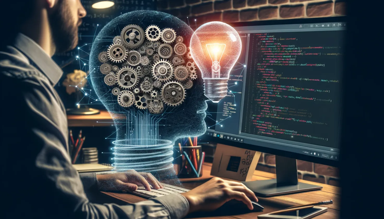 growth mindset concept, brain with gears, developer at work, code on computer screen, light bulb idea symbol
