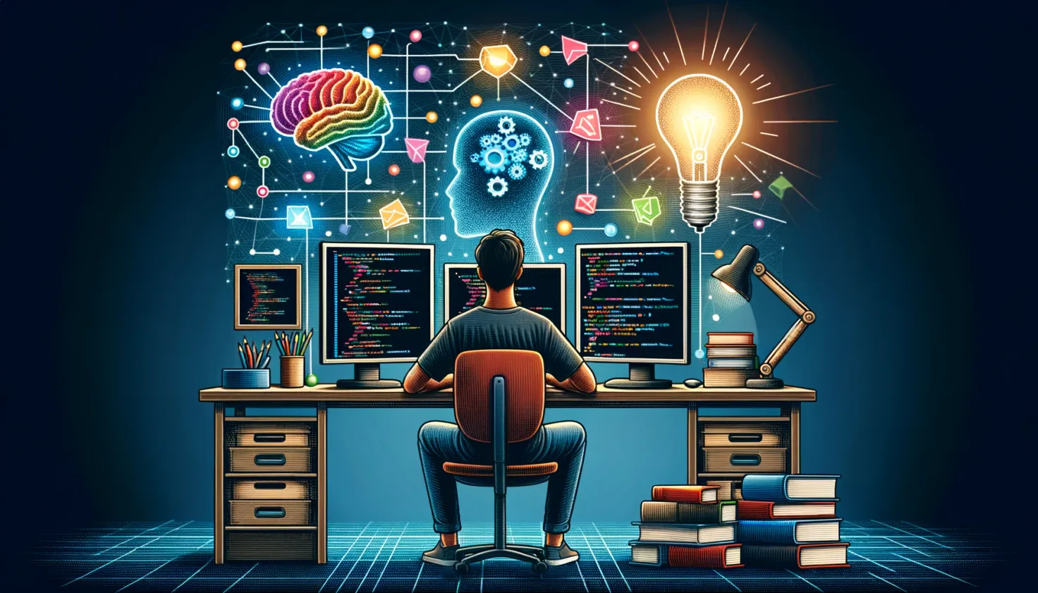 person sitting at a desk with multiple monitors displaying code, light bulb, stack of books, colorful brain graphic