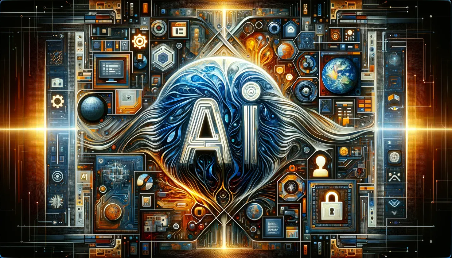 abstract AI letters, computer motherboard, cybersecurity, AI illustration, international agreement concept