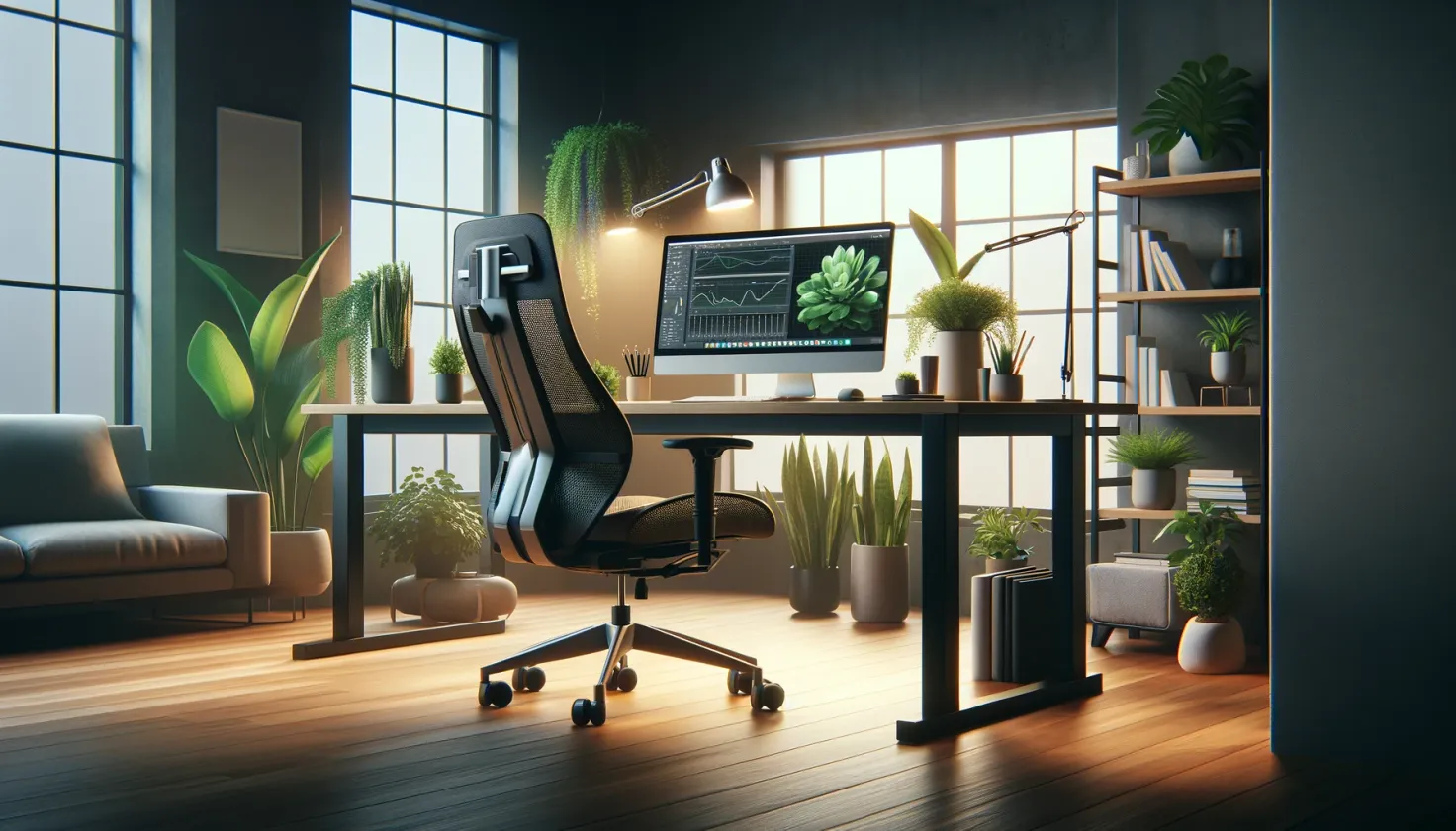 desk setup with ergonomic chair, computer with standing option, plants, ambient lighting