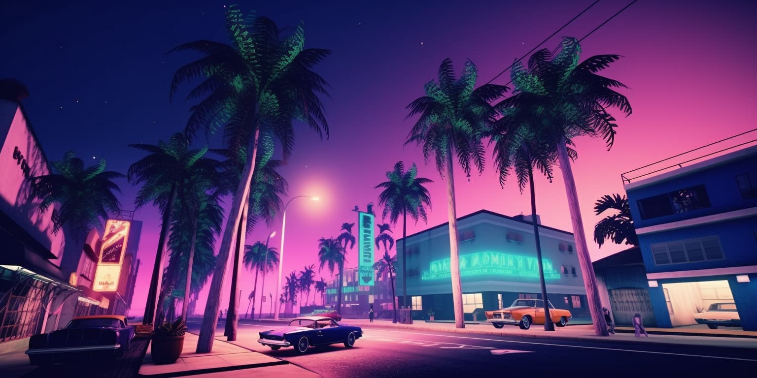 Stunning Miami-inspired nighttime cityscape showcasing vibrant neon lights, capturing the essence of GTA 6's rumored Vice City setting.
